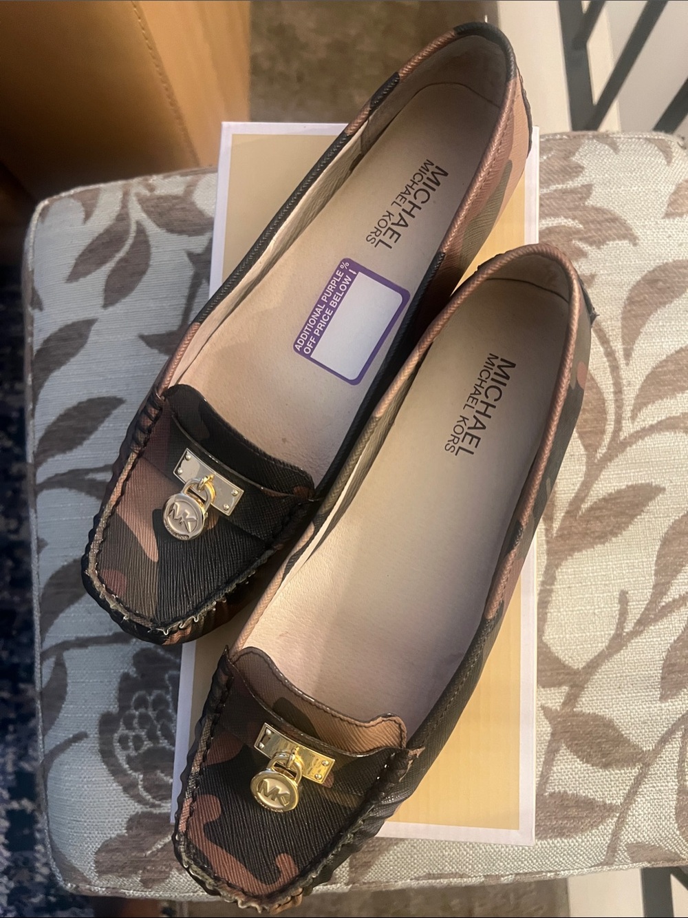 Michael Kors Brown Camouflage Loafers with Gold Hardware